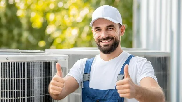 Technician model beside residential air conditioning equipment